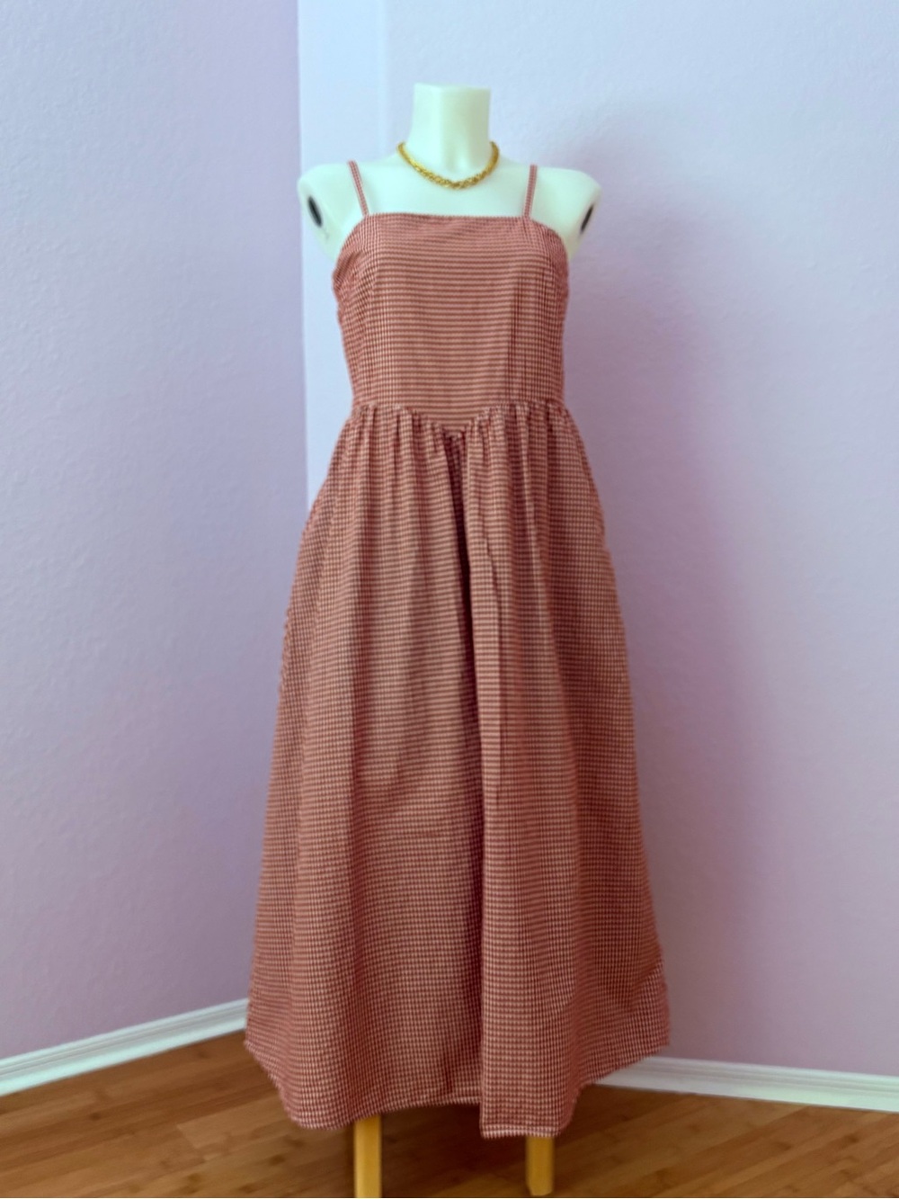 Japna Rust Gingham Maxi Dress with Spaghetti Straps